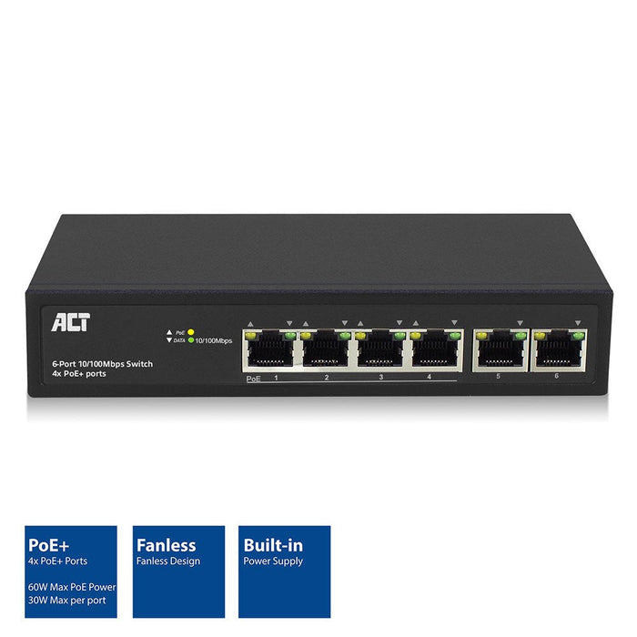6 Port, Network Switch, 10 100mbps. 4x Poe+ (30w) Port