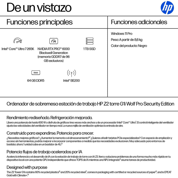 EAN 0199251877957 - HP Z2 Tower G1i Wolf Pro Security Edition Intel Core Ultra 7 265K 64 GB DDR5-SDRAM 1 TB SSD Windows 11 Pr imagen 3