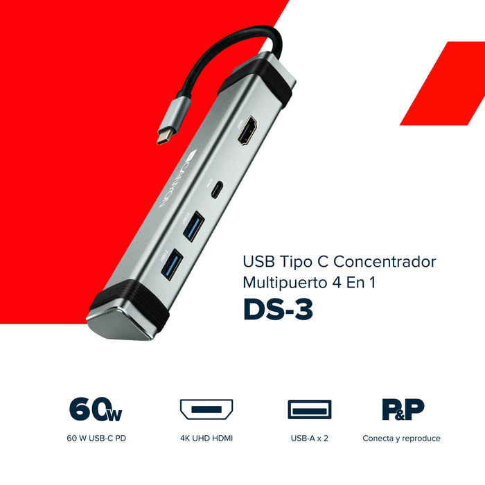 Hub 4 Puertos Usb-C Gris Canyon