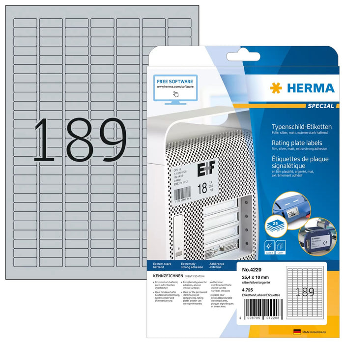 EAN 4008705042208 - HERMA 4220 etiqueta autoadhesiva Rectángulo redondeado Permanente Plata 4725 pieza(s) imagen 1