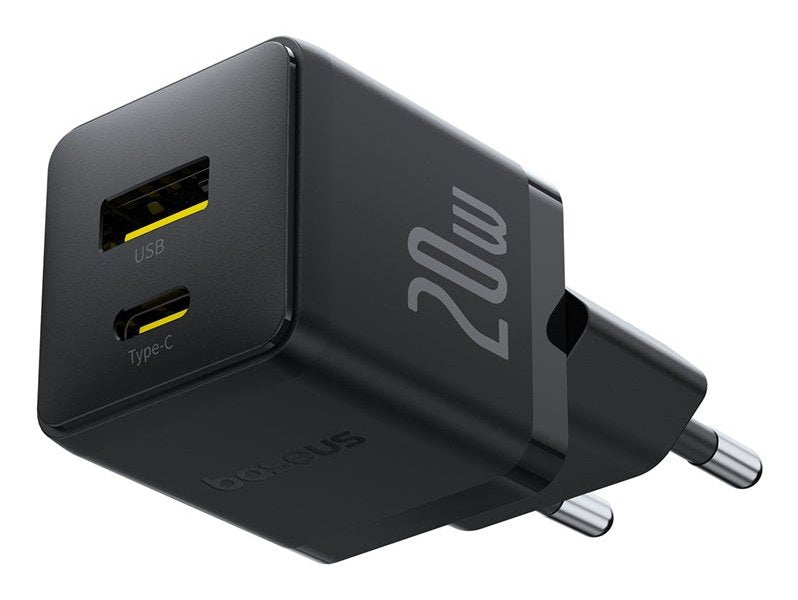 Palm Fast Charger C+U 20w Eu Cluster Black (With Baseus Mini White Cable Usb-C To Usb-C 60w (20v/3a) 1m Cluster Black)