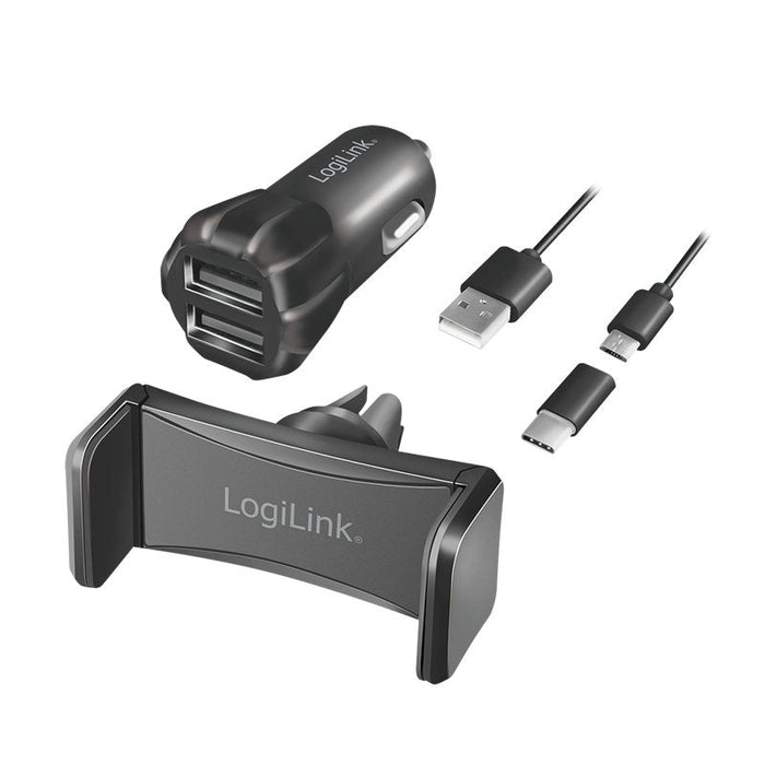 Cargador De Coche Usb Logilink + Soporte Para Smartphone En Un Set