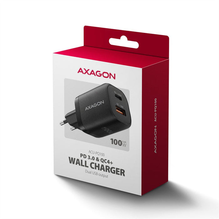 Acu-Pq100 Cargador De Red Gan 100w, 2x Port (Usb-C + Usb-A), Pd3.0/Pps/Qc4+, Mini, Negra