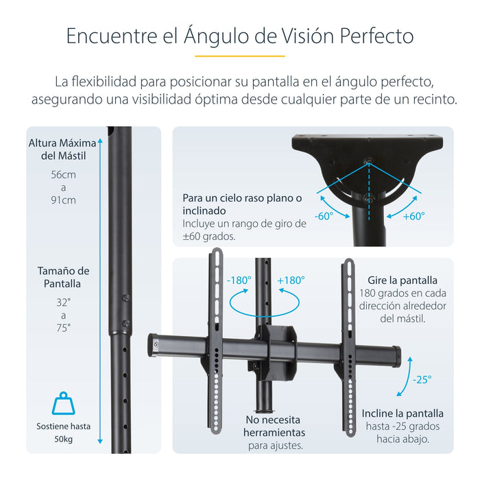 Startech.Com Base Soporte Vesa Ajustable De Montaje En Techo Para Pantallas De 37 A 70 Pulgadas - Mástil Corto