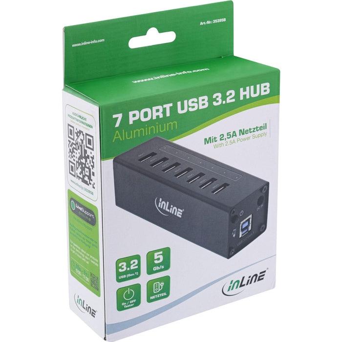 Inline Usb 3.2 Gen.1 Hub De 7 Puertos Caja De Aluminio Con Fuente De Alimentación De 2,5 A Negro