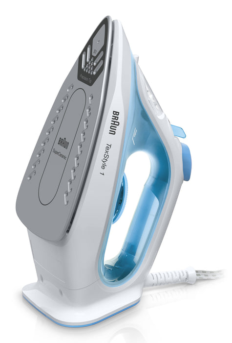 EAN 8021098000798 - Braun TexStyle 1 SI1050BL Plancha a vapor Suela de cerámica 2000 W Azul, Blanco imagen 1