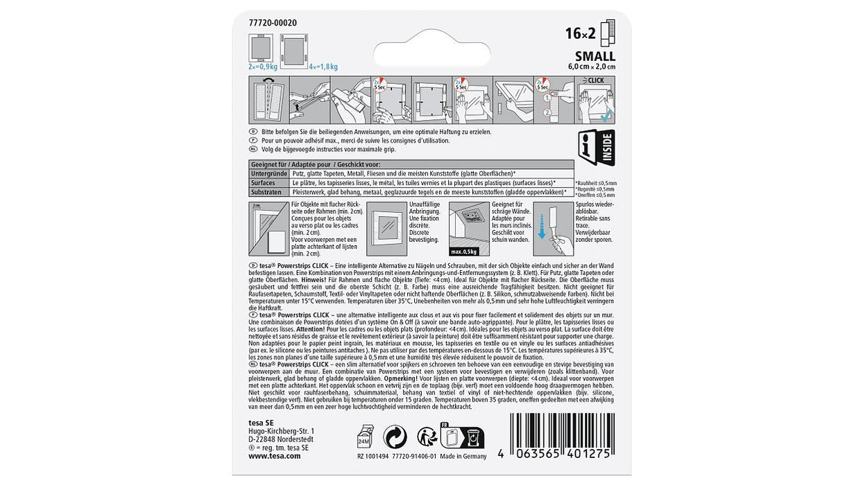 Tesa Powerstrips Click Small Selbstkl.Cinta De Velcro 16x2