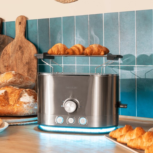 Tostadora Cecotec Vertical De Acero Con Doble Ranura Corta Shine&Toast Double. 850w, Capacidad Para 2 Tostadas, Ranuras Anchas De 3,8cm, Anillo Luminoso, 7 Niveles De Tostado, Varillas Superiores