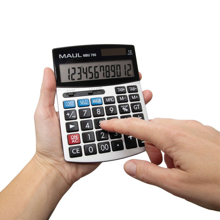 Maul Calculadora Comercial Mbu 700  Calculadora Grande Con Funciones Comerciales  Pantalla De 12 Dígitos  Incluye Función De Margen De Coste De Ganancia  Solar/Batería  Negro