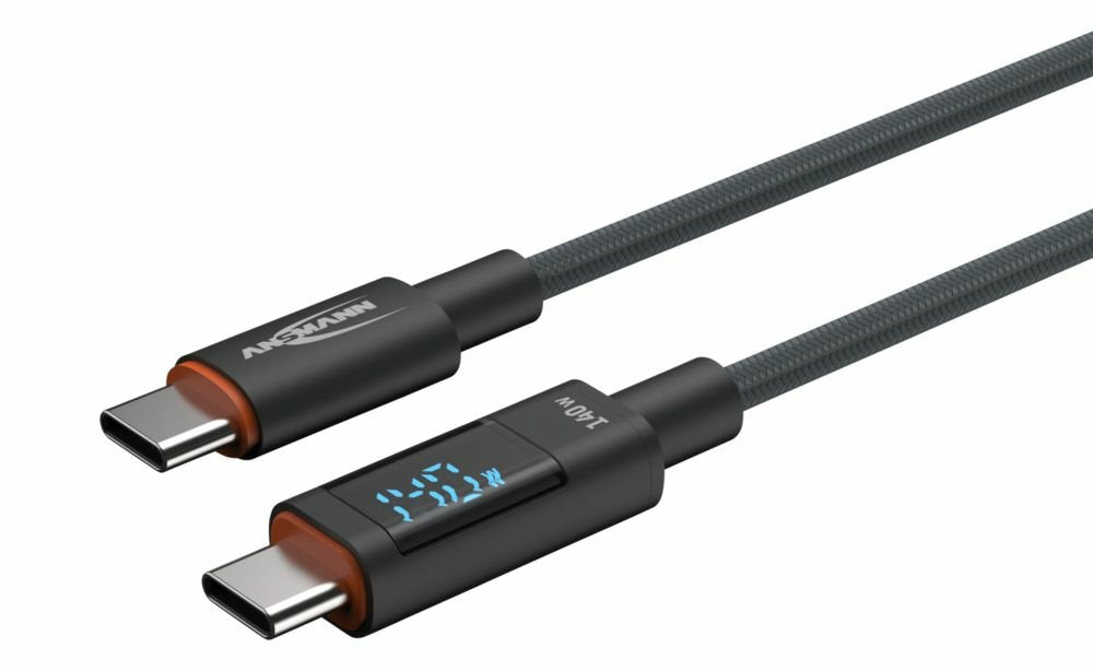 Cable Ansmann Usb 2.0 , Usb-C Stecker > Usb-C Stecker (Anthrazit, 2,0 Meter, Pd 3.1,  Laden Mit Bis Zu 140 Watt, Gesleevt, Integriertes Led Display) 1700-0171