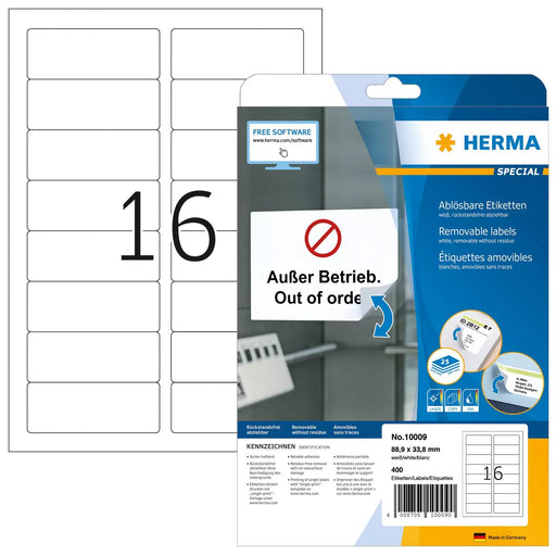 EAN 4008705100090 - HERMA 10009 etiqueta autoadhesiva Rectángulo redondeado Desmontable Blanco 400 pieza(s) imagen 1