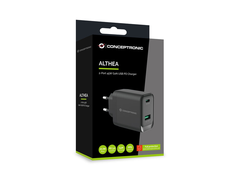 Cargador Conceptronic 2port Gan Usb-C -A 45wpd3.0 Pps Sw