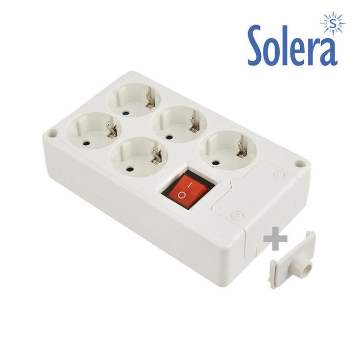 Base Bipolar 5 Tomas Con T/T Lateral 16a 250v Blanco + Interruptor Luminoso Solera 8105il