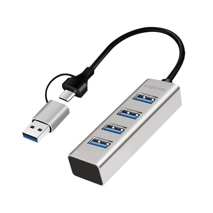 Hub Usb 3.0, 4x Usb-A, 5 Gbit/S, Cable De Conexión 2 En 1, Plateado