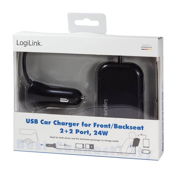 Logilink Usb Car Charger, 2+2 Port, 24w, Negro