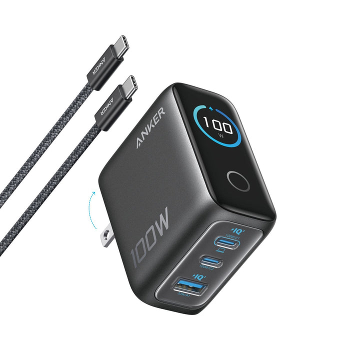 Cargador De Pared Anker 100w 3 Puertos Con Pantalla Inteligente Negro