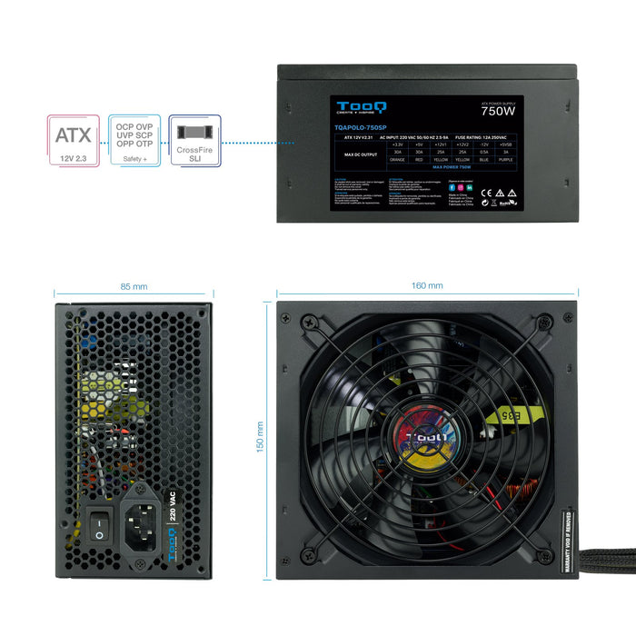 EAN 8433281010314 - TooQ TQAPOLO-750SP unidad de fuente de alimentación 750 W 20+4 pin ATX ATX Negro imagen 4