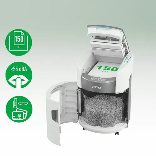 Trituradora Leitz Iq Optimax Autofeed 150 80380000, P4, 150 Hojas, Cubo De 15 L
