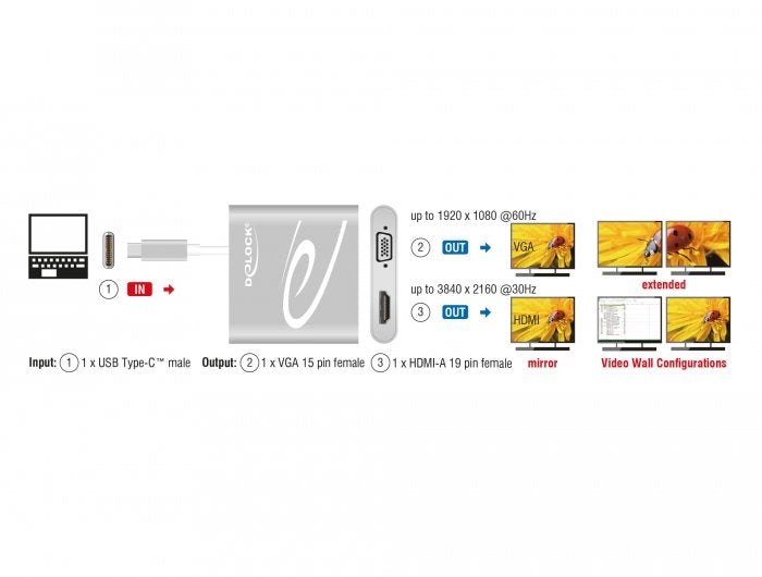 Delock Usb Type-C Splitter (Dp Alt Mode) > 1 X Hdmi + 1 X Vga Out