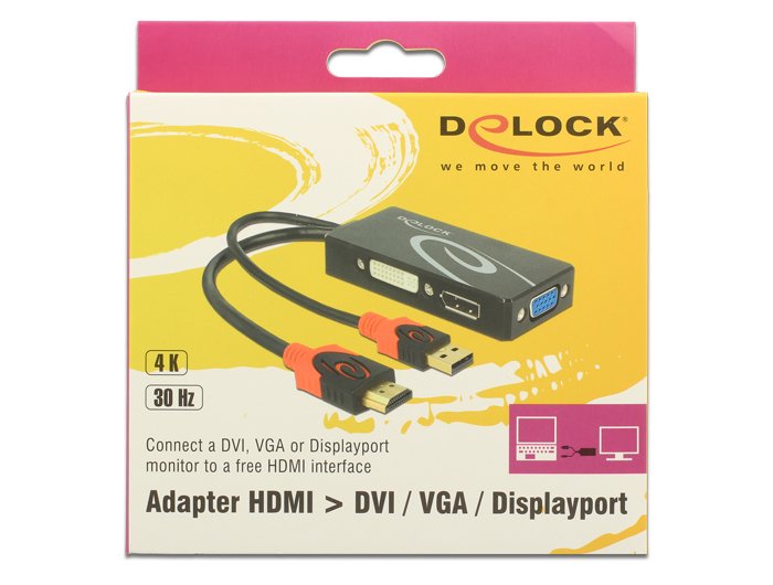 Delock Adaptador 3en1 Hdmi A Dvi + Vga + Displayport M/H 4k Negro 62959