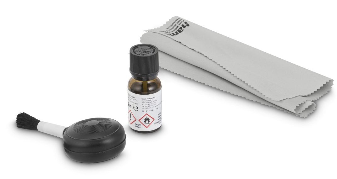 Hama Wet Set De Limpieza Para Camaras - Pincel Soplador - Bayeta De Microfibra - Limpiador Liquido - Incluye Bolsa