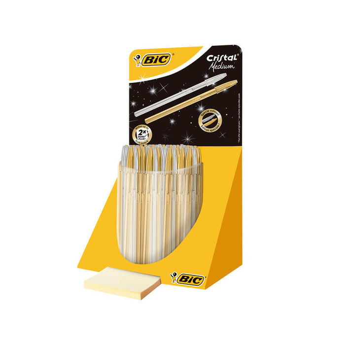 Bic Cristal Linea Celebration Expositor De 40 Boligrafos De Bola Con Cuerpo Dorado Y Plateado - Punta Media De 1.0mm - Tinta Con Base De Aceite - Color Azul