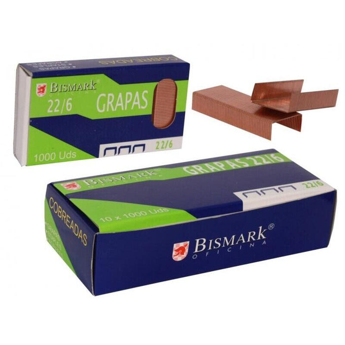 Bismark Caja De 1000 Grapas De Alambre De Alta Calidad Modelo 22/6 - Cobreadas - Cobre