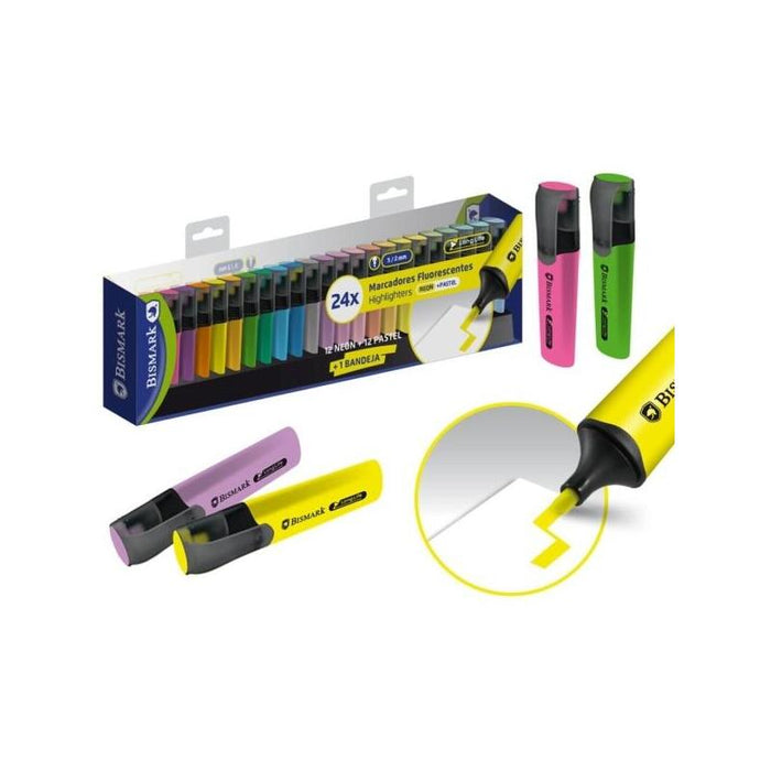 Bismark Pack De 24 Marcadores Fluorescentes - Punta Biselada 2 - 5mm Aprox - Tinta Base De Agua - Larga Duracion -