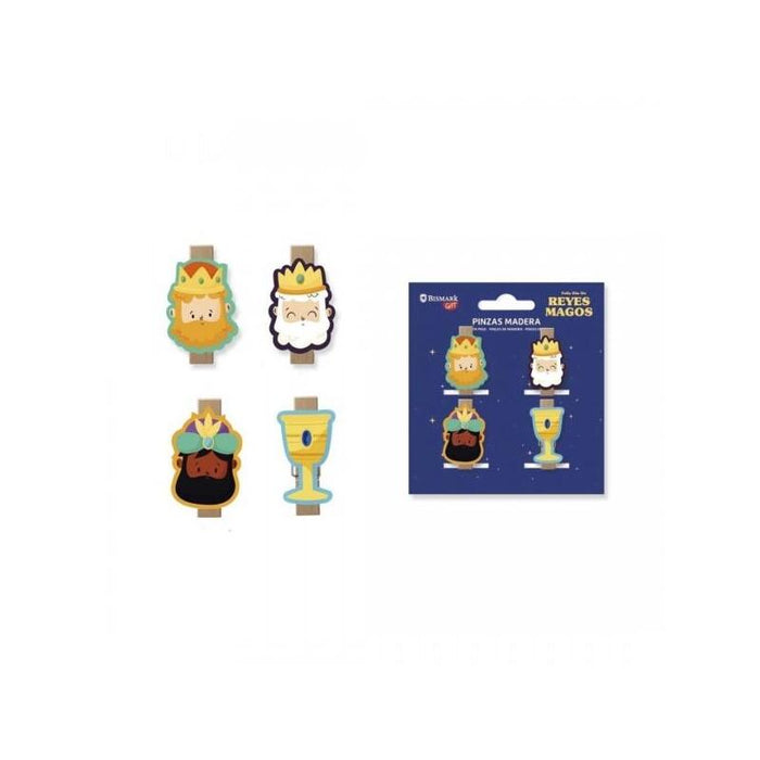Bismark Pack De 4 Pinzas De Madera Decoradas Con Reyes Magos