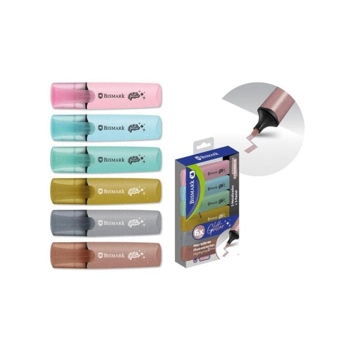 Bismark Pack De 6 Marcadores Fluorescentes Glitter - 3x Pastel Y 3x Metalizados - Tinta De Secado Rapido - Punta