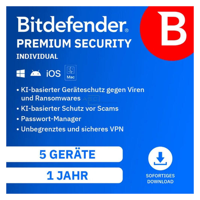 Bitdefender Premium Security Individual (5 Dispositivos - 1 Año) Dach Esd - Licencia Electrónica