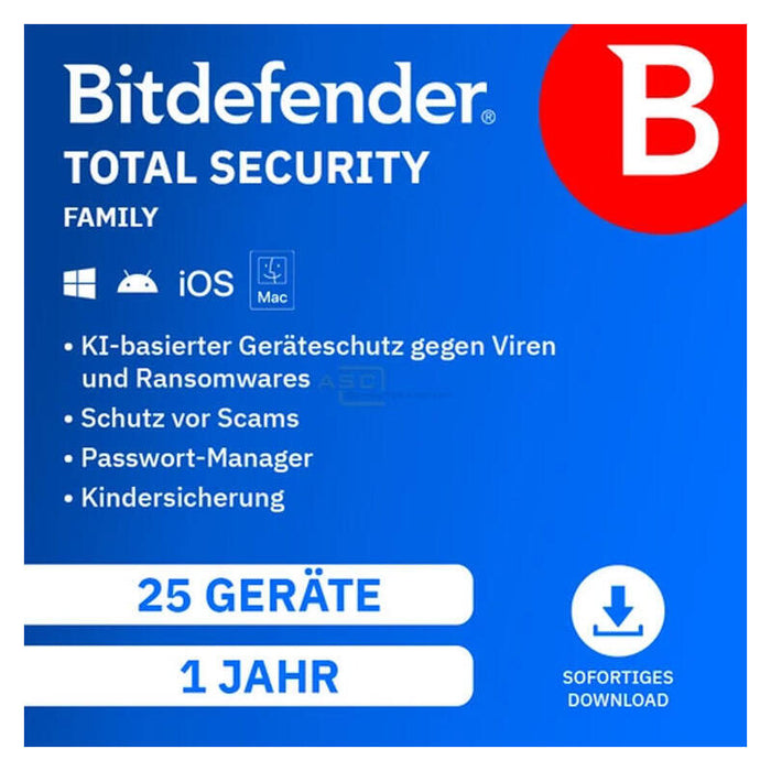 Bitdefender Total Security Family (25 Dispositivos + 5 Usuarios - 1 Año) Dach Esd - Licencia Electrónica