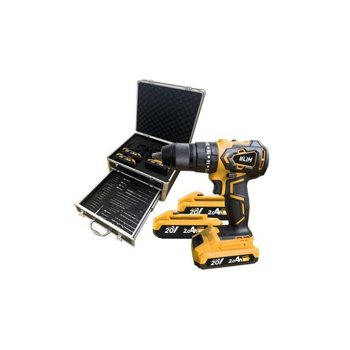 Blim Taladro Percutor A Bateria 20v 2ah Y Maletin De Aluminio Con 50 Accesorios - Motor Sin Escobillas - 45nm Par Maximo - 2 Velocidades 0-450/0-1650rpm - Incluye 3 Baterias
