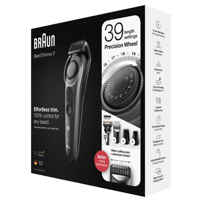 Braun Barttrimmer 7, Trimmer/Haarschneider Herren, Haarschneidemaschine, Fã¼r Gesichts- Und Kopfhaare, Lebenslang Scharfe Klingen, 39 Lã¤Ngeneinstellungen, Bt7340, Schwarz/Grau-Metallic