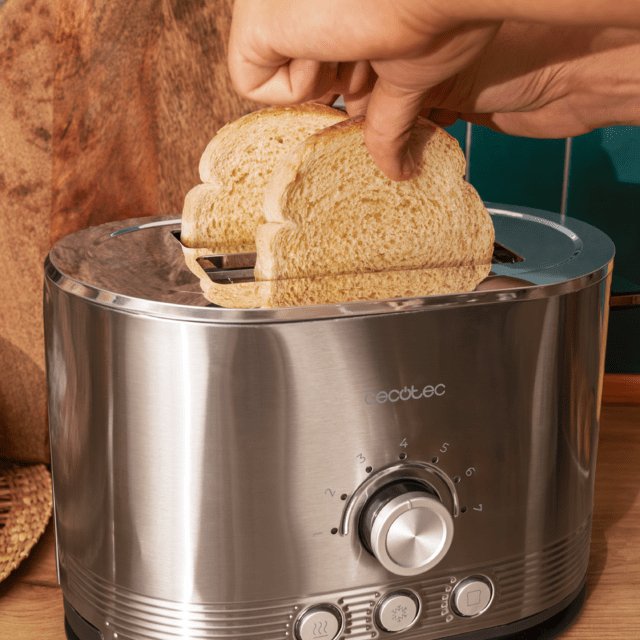 Tostadora Cecotec Vertical De Acero Con Doble Ranura Corta Shine&Toast Double. 850w, Capacidad Para 2 Tostadas, Ranuras Anchas De 3,8cm, Anillo Luminoso, 7 Niveles De Tostado, Varillas Superiores