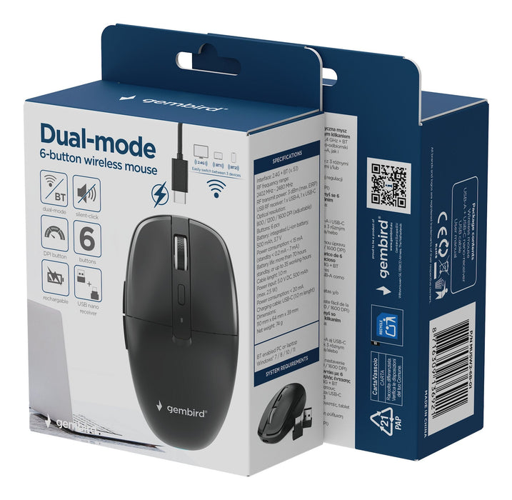Gembird Dual-Mode 6-Button Wireless Mouse 2.4g + Bt Black
