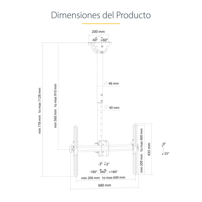 Startech.Com Base Soporte Vesa Ajustable De Montaje En Techo Para Pantallas De 37 A 70 Pulgadas - Mástil Corto