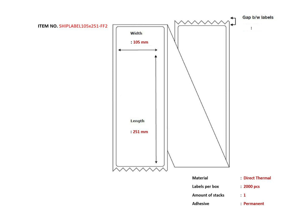 Ship-Label 105 X 251mm,  Fanfold. Direct Thermal, 2000