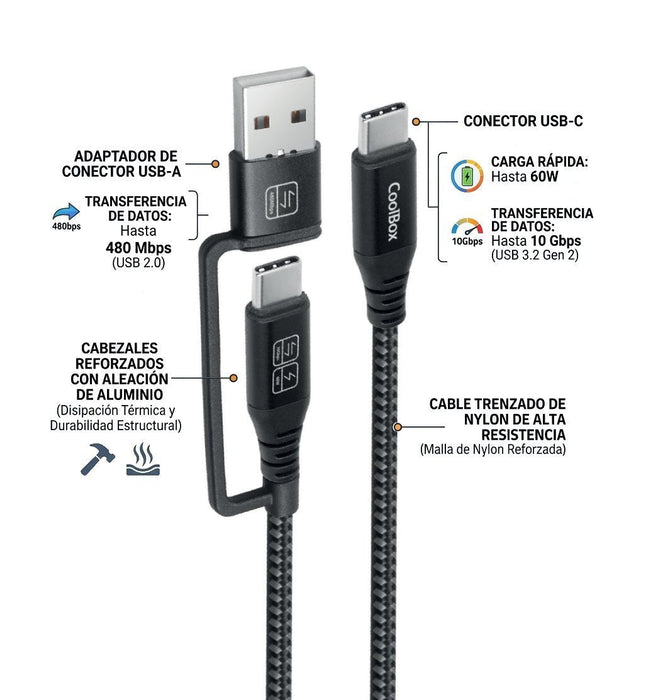 Coolbox Cable Usb-C A Usb-C 1.8m 60w Trenzado Adaptador Usb-A