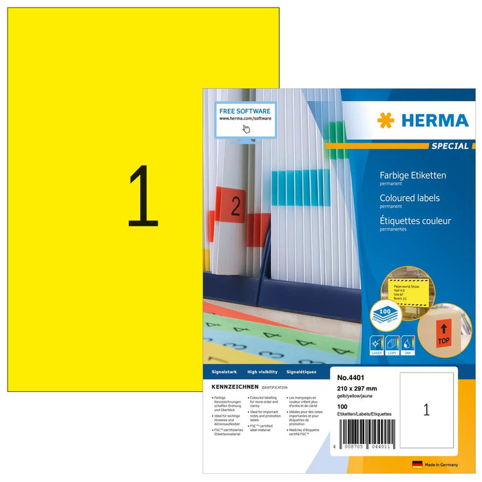 EAN 4008705044011 - HERMA 4401 etiqueta de impresora Amarillo Etiqueta para impresora autoadhesiva imagen 1