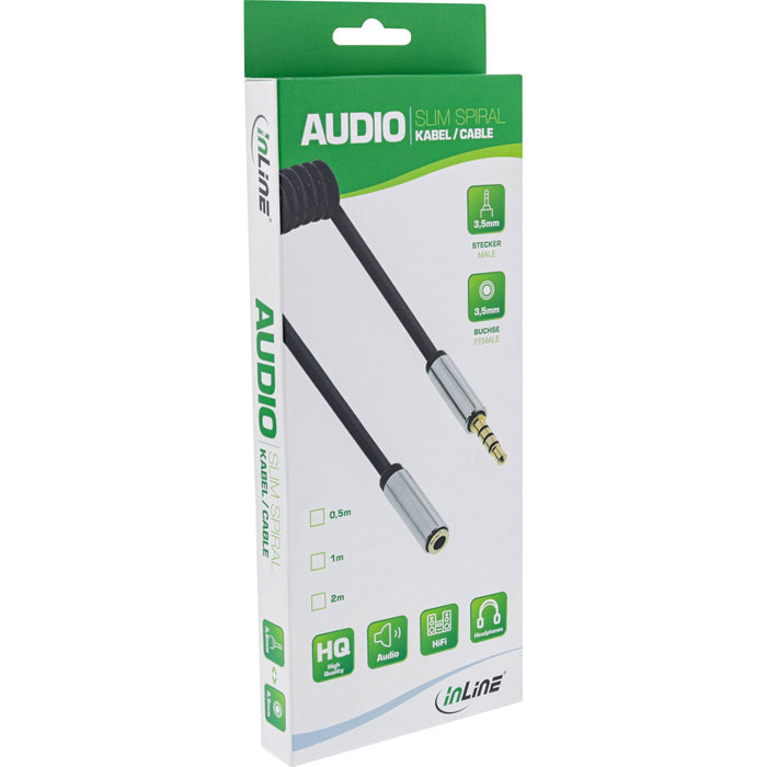 Cable Espiral Inline Slim Audio 3,5mm M/H, 4 Pines, Estéreo, 2m
