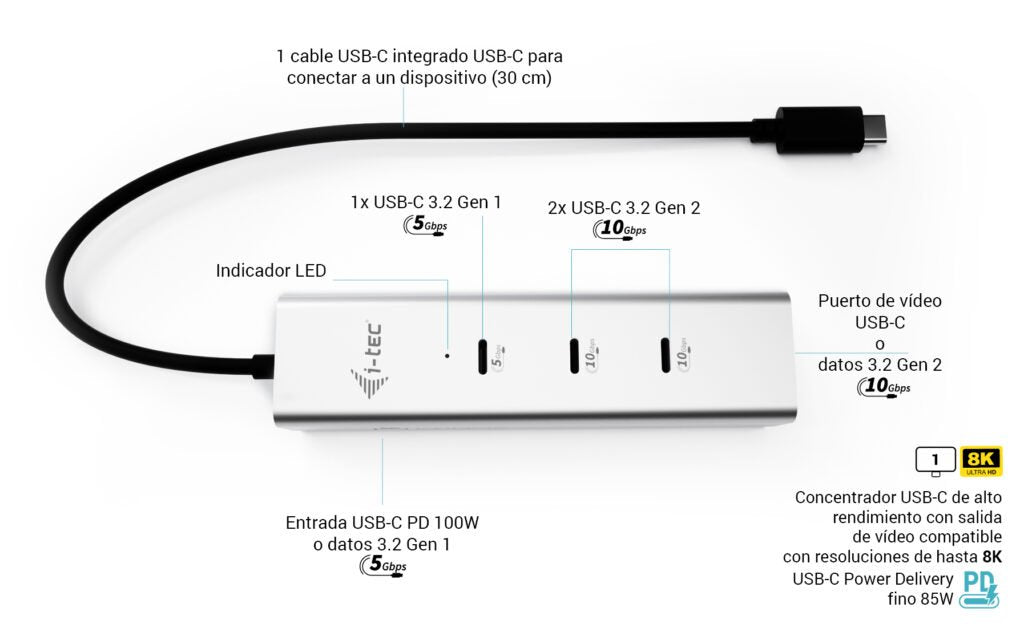 EAN 8595611707346 - i-tec Metal C31HUBMETAL8KPDPRO hub de interfaz USB Tipo C 10000 Mbit/s Plata imagen 6