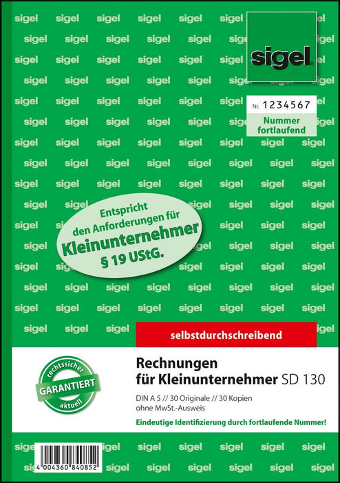 Sigel Formularbuch Rechnung Para Kleinunternehmer Con Fortlaufenden Nummern Sin Mwst - A5