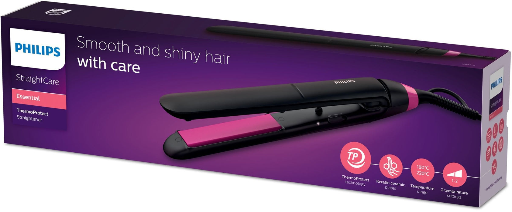 EAN 8710103888383 - Philips StraightCare Essential BHS375/00 Utensilio de peinado Cepillo alisador Caliente Negro, Rosa 1,8 m imagen 2