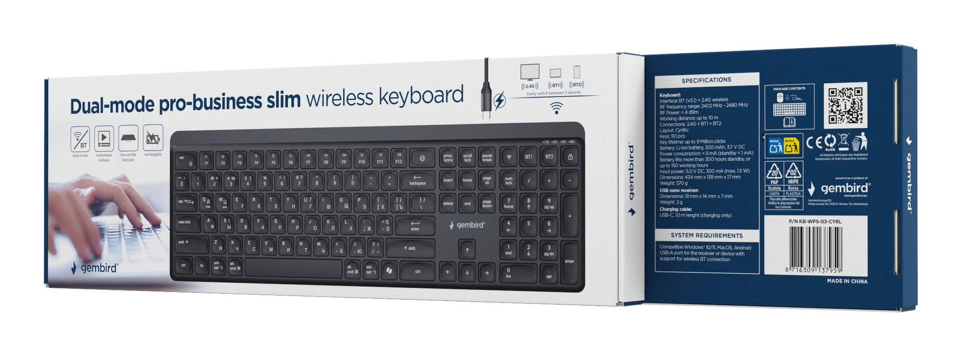 Keyboard Wrl Slim Bt Cyrillic/Kb-Wps-03-Cyrl Gembird