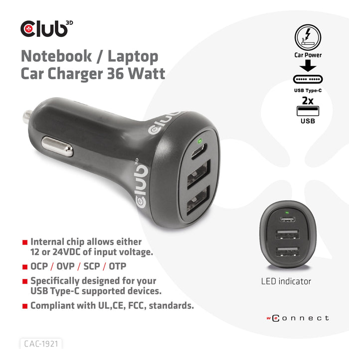 EAN 8719214472788 - CLUB3D CAC-1921 cargador de dispositivo móvil Portátil Negro Encendedor de cigarrillos Auto imagen 2