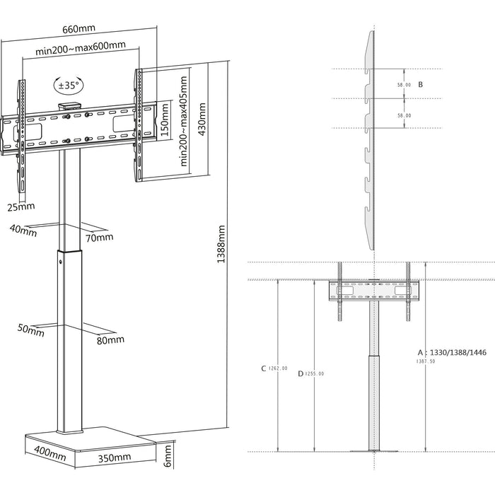 Inline® Tv Stand, Height Adjustable, For Led Tv 37"-70" (94-178cm), Max. 40kg