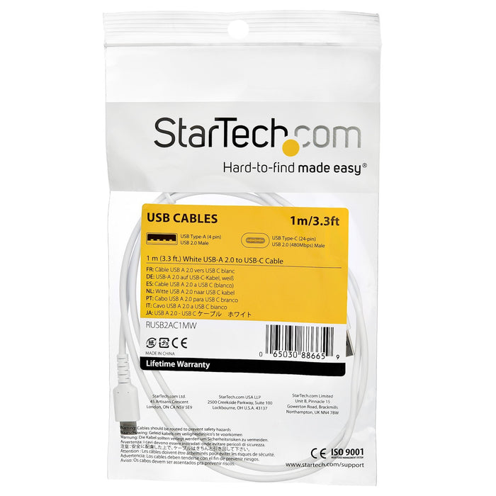 Startech.Com Cable De 1m Usb 2.0 A Usb-C - Blanco, 1 M, Usb A, Usb C, 2.0, 480 Mbit/S, Blanco