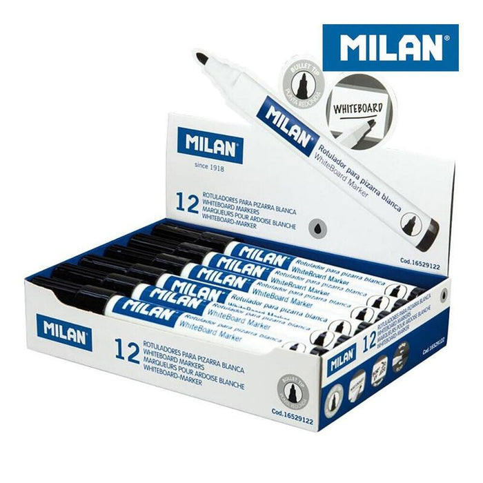 Caja 12 Rotuladores Para Pizarra Blanca Punta Redonda Negro Milan