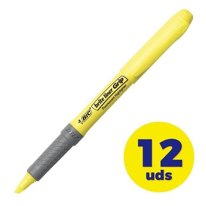 Caja De Marcadores Fluorescentes Bic Brite Liner Grip 12 Unidades Amarillos